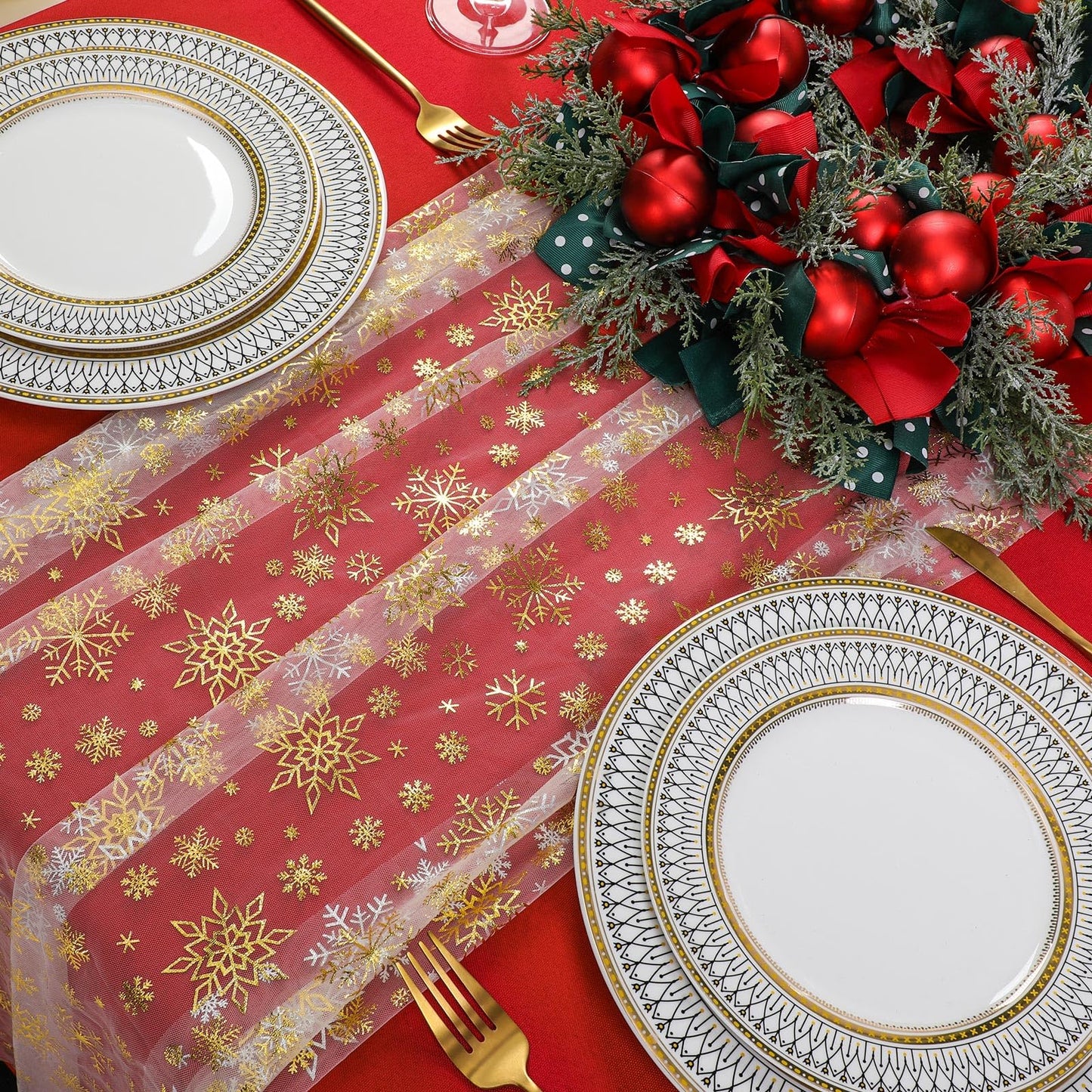 Newwiee 3 Pcs 120 Inch Christmas Gauze Table Runner Beige Gold Winter Snowflake Glitter Metallic Sequin Chiffon Tulle Party Table Decor Centerpiece for Wedding Xmas Baby Shower Birthday