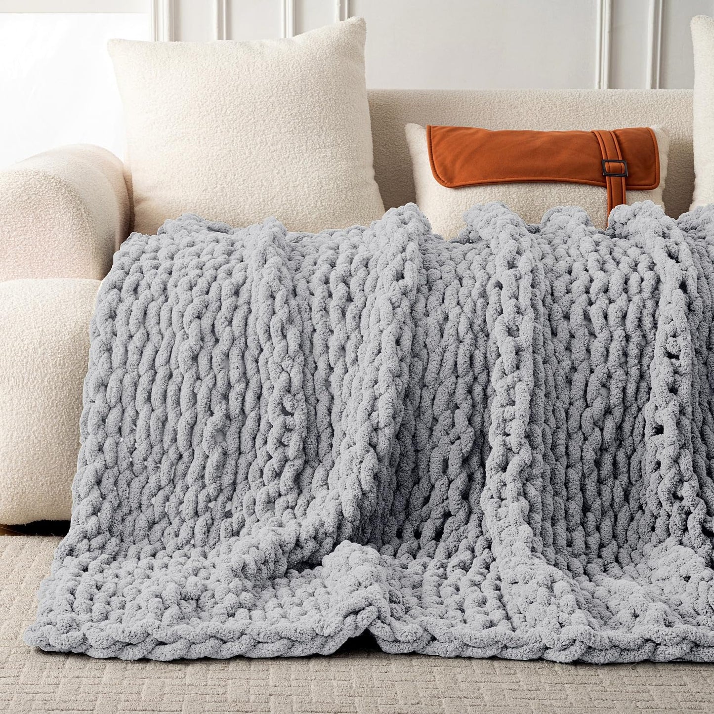 Ultra Soft Chunky Knit Throw Blanket 50x70 Hand Knitted Warm Chenille Throw Blanket, Home Decor Soft Thick Yarn Cable Knit Blanket Breathable Fleece Banket Christmas for Couch Bed Sofa Best Gift