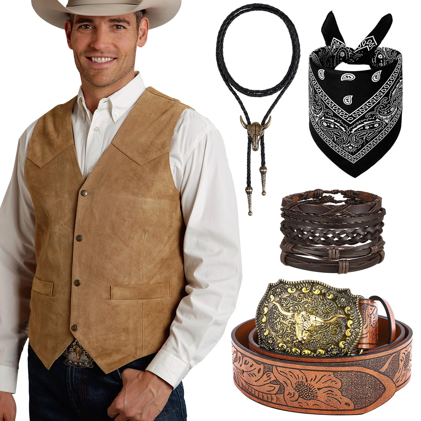 RIOSO Cowboy Outfit for Men Western Suede Leather Vest Belt Necktie Set Men's Cowboy Costume Accessories (Without Hat) Brown