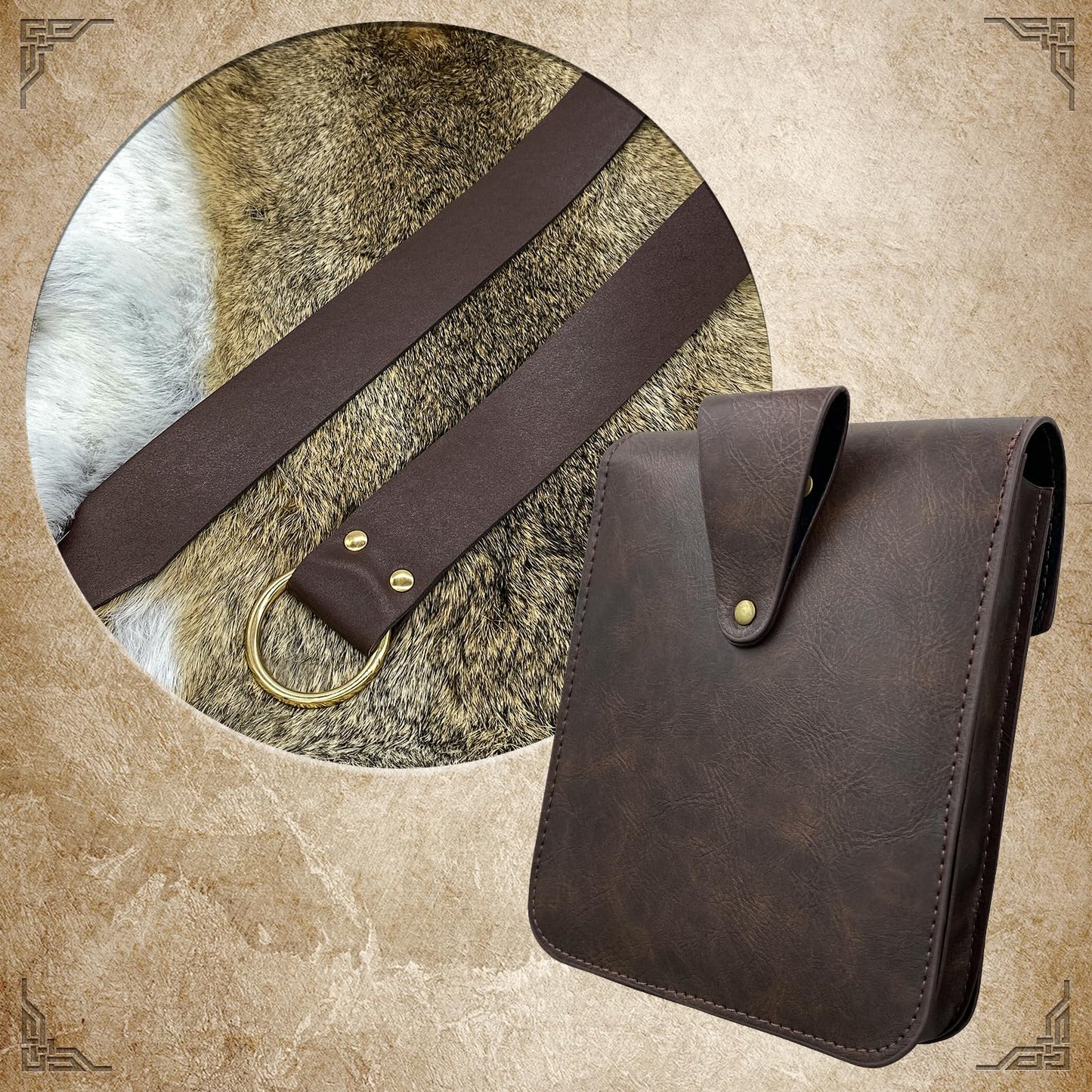 EpicCos 2 PCs Medieval Vintage belt Bag Set, Middle Ages Faux Leather Belt with Belt Pouch, Renaissance Costume Accessories (Brown A)