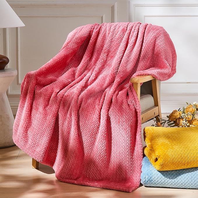 NEWCOSPLAY Super Soft Throw Blanket Coral Pink Premium Silky Flannel Fleece Leaves Pattern Lightweight Bed Blanket All Season Use (Coral Pink, Throw(40"x50"))