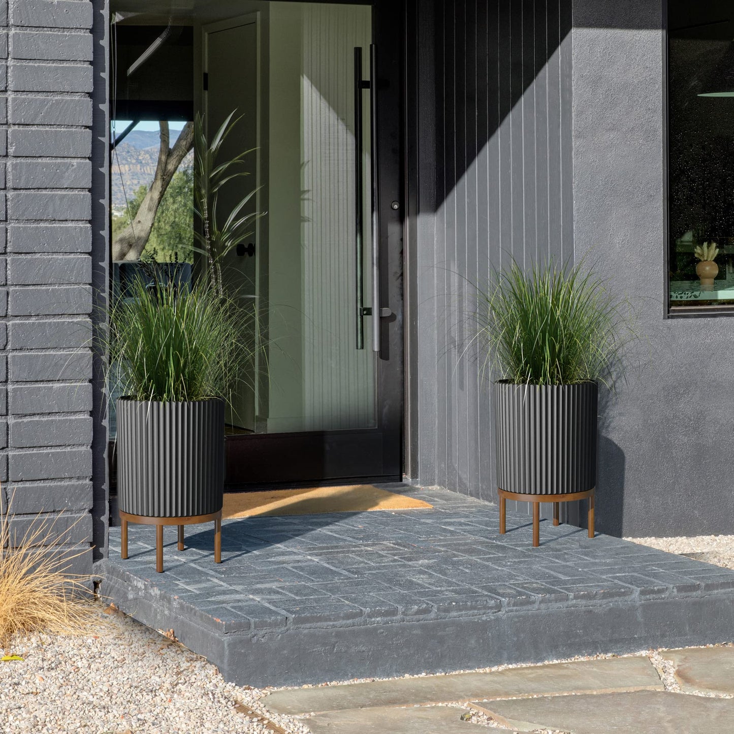 Veradek Demi Series Round Planter w/ Stand for Porch/Patio | Durable Plastic-Concrete & Wooden Stand | Modern Décor for Tall Plants, Flowers