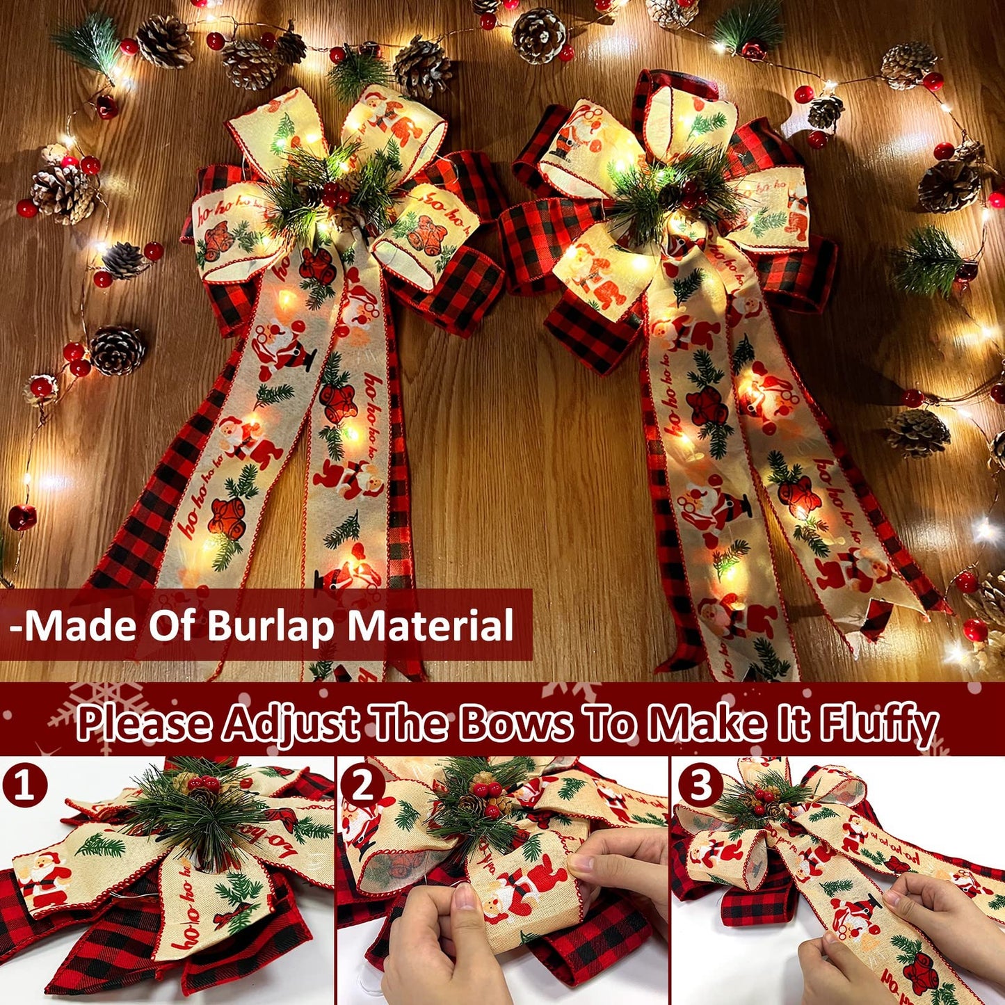 2 Pcs Prelit Christmas Bows Decor with 20 Lights, Santa Bells Black Red Buffalo Plaid Xmas Bows 20" by 11" Christmas Tree Wreaths Garland Bow Battery Powered Christmas Decorations Home Indoor Outdoor
