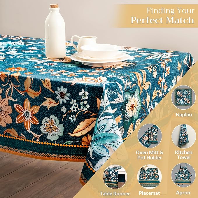 Maison d' Hermine Table Cloth Rectangle Table 100% Cotton 70 x 120 Inches Fall Tablecloth Reusable Everyday Use for Thanksgiving Christmas Decorations Dining Farmhouse Party (Luxury Loft - Dark Teal)