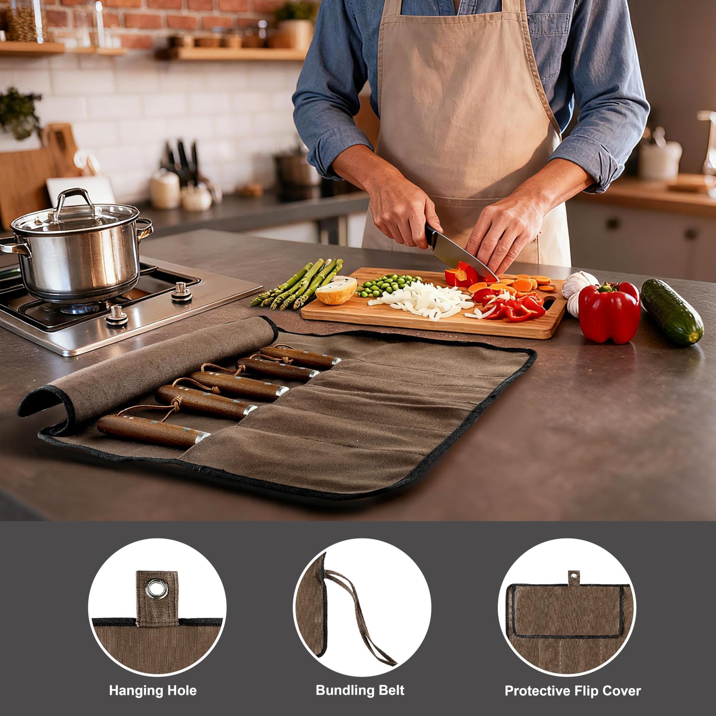 VRUIFA Chef’s Knife Roll Bag, Portable Canvas Cases, Chef Bag With 5 Slots Pockets Can Hold Kitchen Knife Tools Up To 15 Inch