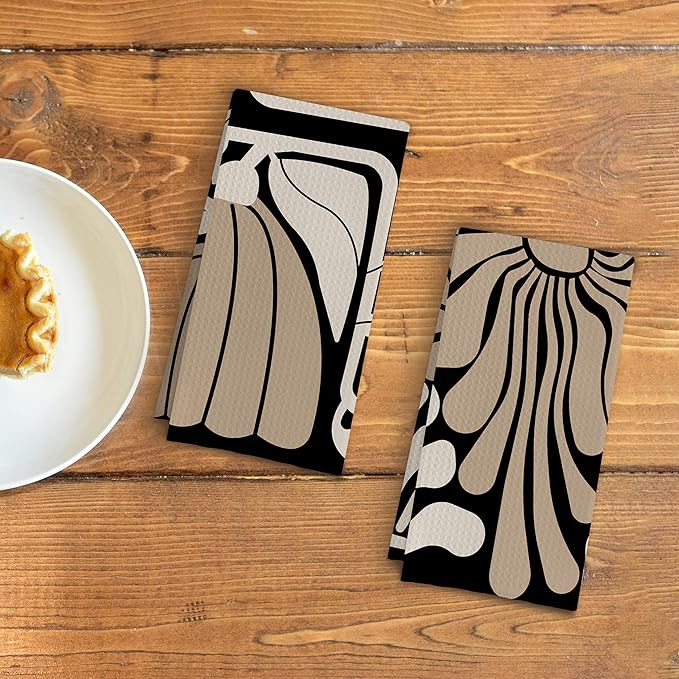 Abstract Boho Neutral Taupe and Beige Floral Kitchen Towels Set of 2, Retro 70s
