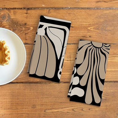 Abstract Boho Neutral Taupe and Beige Floral Kitchen Towels Set of 2, Retro 70s