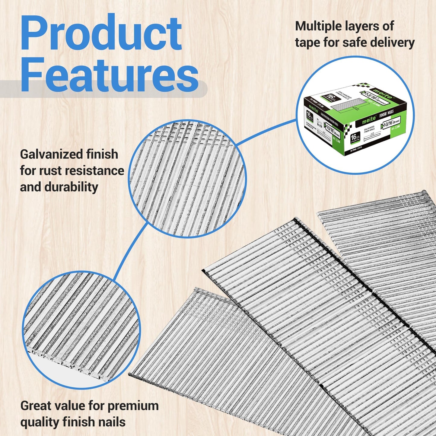 meite 16 Gauge Finish Nails 1-3/16 Inch Galvanized Straight Finish Nails for Pneumatic Cordless Finish Nailer Gun, Small T-Head Trim Nails for Baseboard Crown Molding Cabinet Casing, 1 Case/45000PCS