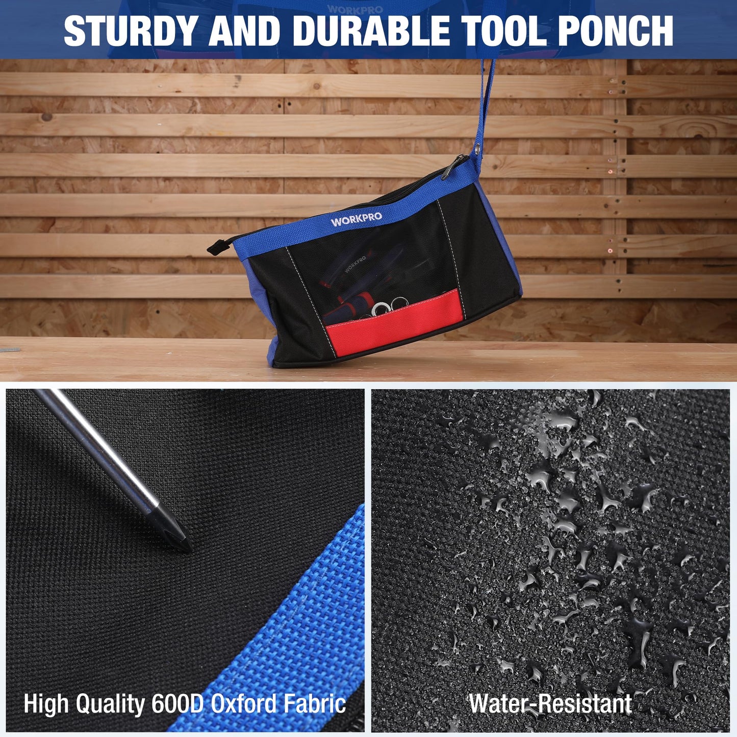 WORKPRO 12" Tool Pouches with Zipper, Heavy-Duty Small Tool Bag, Utility small tool pouch for Tool Organizers and Storage, Mini Tool Bag, 3 Pack