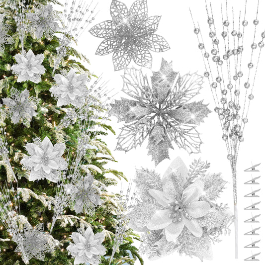 30Pcs Glitter Poinsettia Flowers Berries Stems Ornaments Kit, 24Pcs Artificial Flowers with Clips and 6Pcs Berry Picks Floral Decorations for Christmas Tree Wreath Fireplace Xmas Party Decor (Silver)