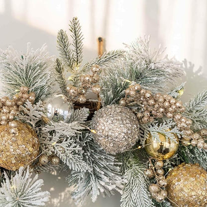 YULETIME 24" Christmas Wreath, Artificial Holiday Wreath with Baubles, Berries, Leaves, Spruce Branches, Snowy Pine Needles (Gold Bauble)