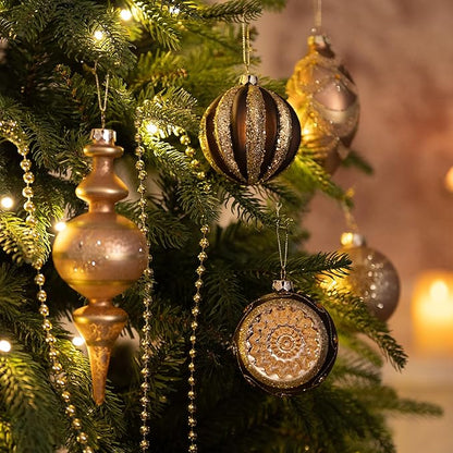 Valery Madelyn Glass Christmas Ornaments Set, 10ct Bronze Copper and Gold Mercury Blown Glass Christmas Tree Ball Decorations, Luxury Xmas Hanging Teardrop Finial Faceted Reflector for Holiday Decor