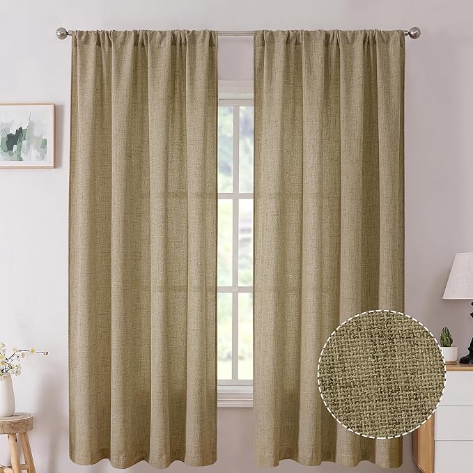 Tollpiz Linen Curtains Living Room Rod Pocket Semi Sheer Curtain Burlap Light Filtering Thick Linen Drapes for Bedroom, 38 x 63 inches Long, Taupe, Set of 2 Panels