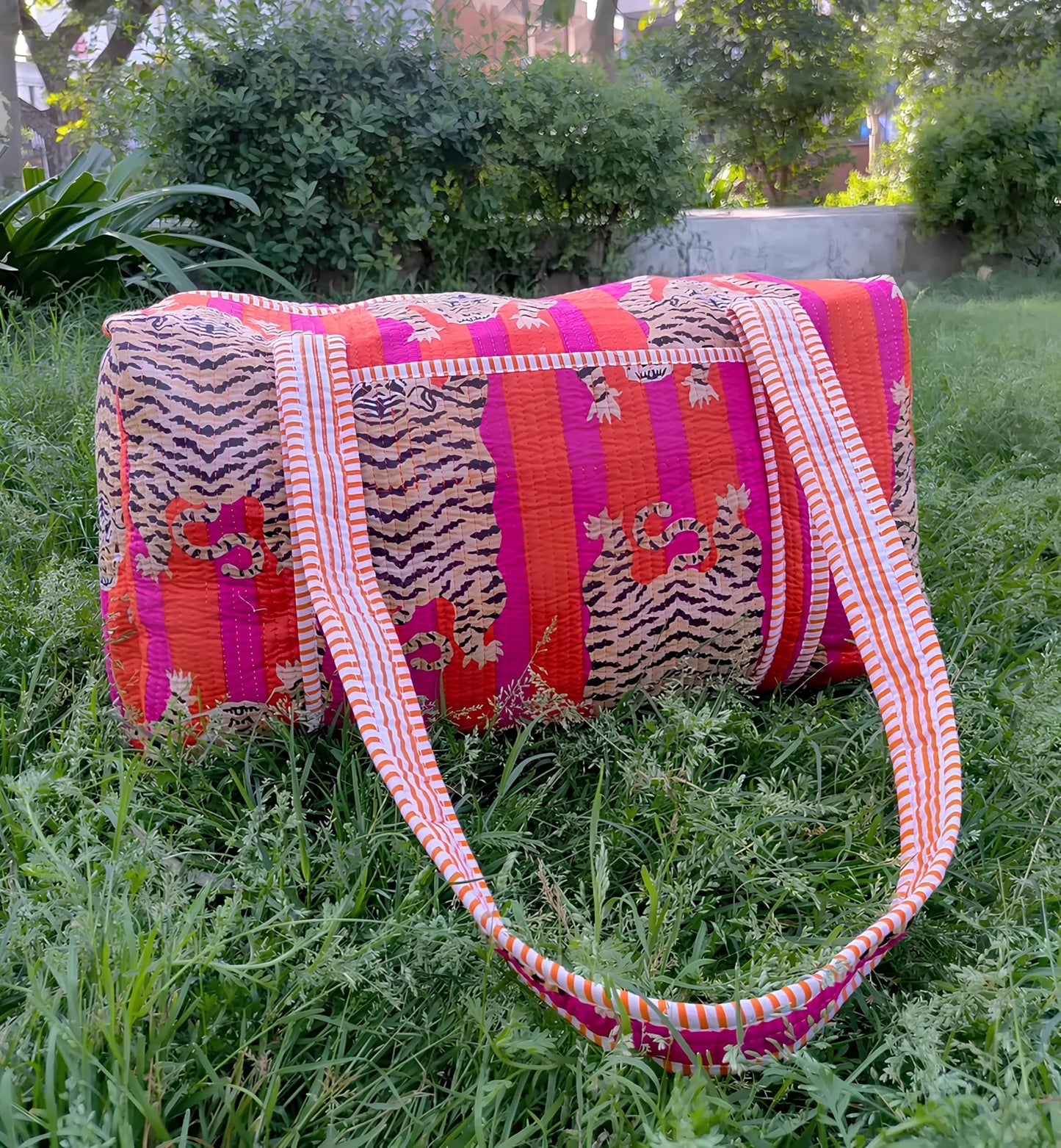 INDACORIFY Indian Cotton Tiger Print Quilted Duffle Bag Large Size Beautiful Print Weekender Bags Handmade Shoulder Travel Overnight Bag