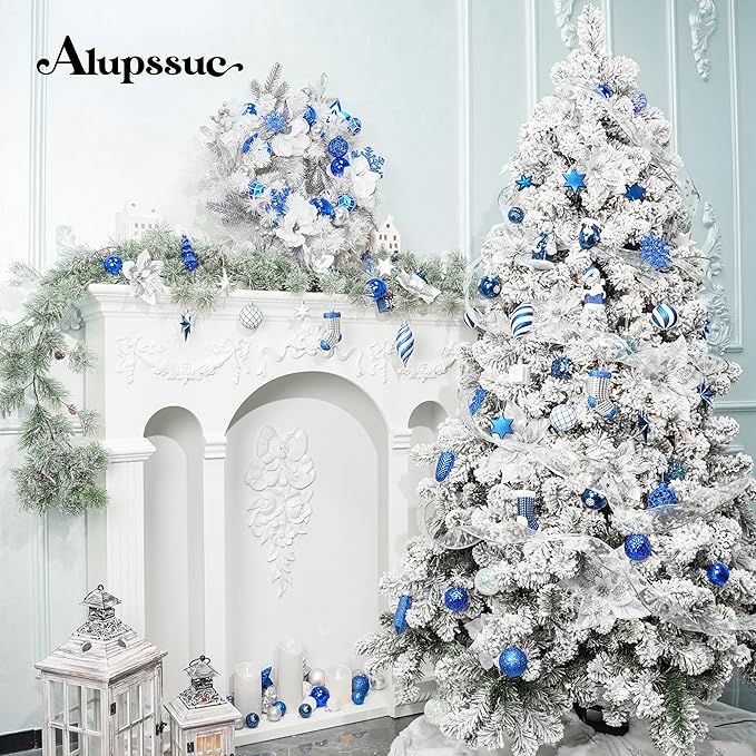 Alupssuc 112pcs Christmas Balls Ornaments Set, Shatterproof Plastic Baubles Christmas Penguin, Polar Bear for Xmas Tree Holiday Wedding Party Decorations with Hanging Strings, Blue and White