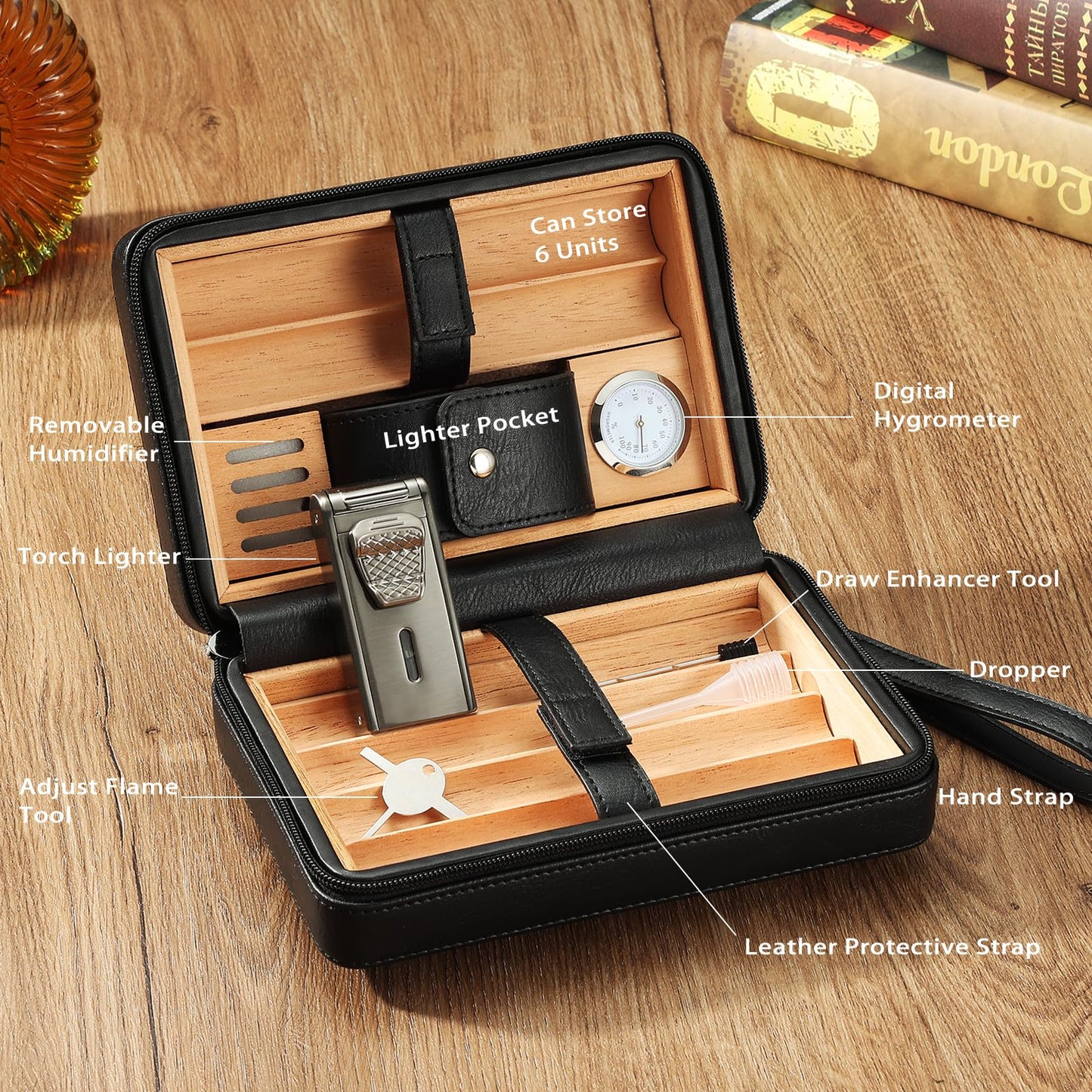 Leather Cedar Wood Case and Double Jet Flame Butane Torch Lighter Set, Holds 6 Units, Built-in Cutter, Punch and Holder Function, Draw Enhancer Tool, Travel Box with Hygrometer.