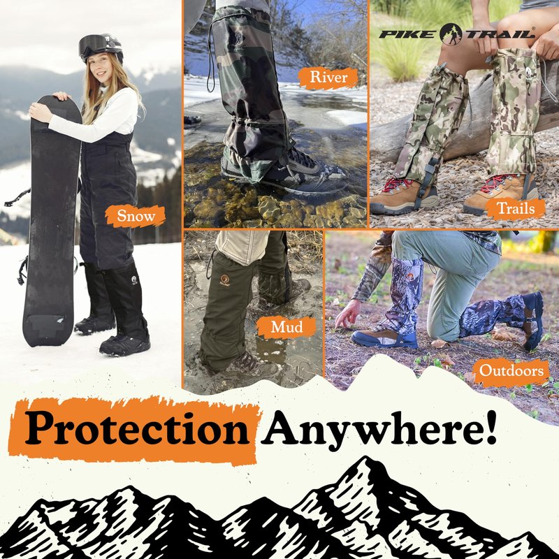 Pike Trail Adjustable Leg Gaiters - Lightweight, Waterproof - Leg Guards for Men & Women - Hiking Essentials Ideal for Hunting, Trekking & Fishing - Black - 1 Pair