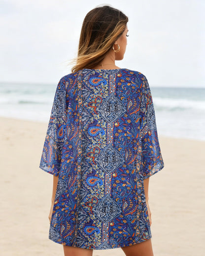 Women's Floral Kimono Print Puff Sleeve Loose Cardigan Cover Up Casual Blouse Tops (Purple Boho, S)