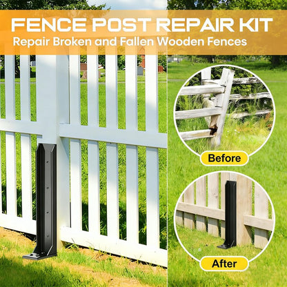 4PCS Fence Post Repair Kit, Heavy Duty Fence Post Anchor Quick Fix for Broken/Leaning Wooden Fence, Easy to Install, Black
