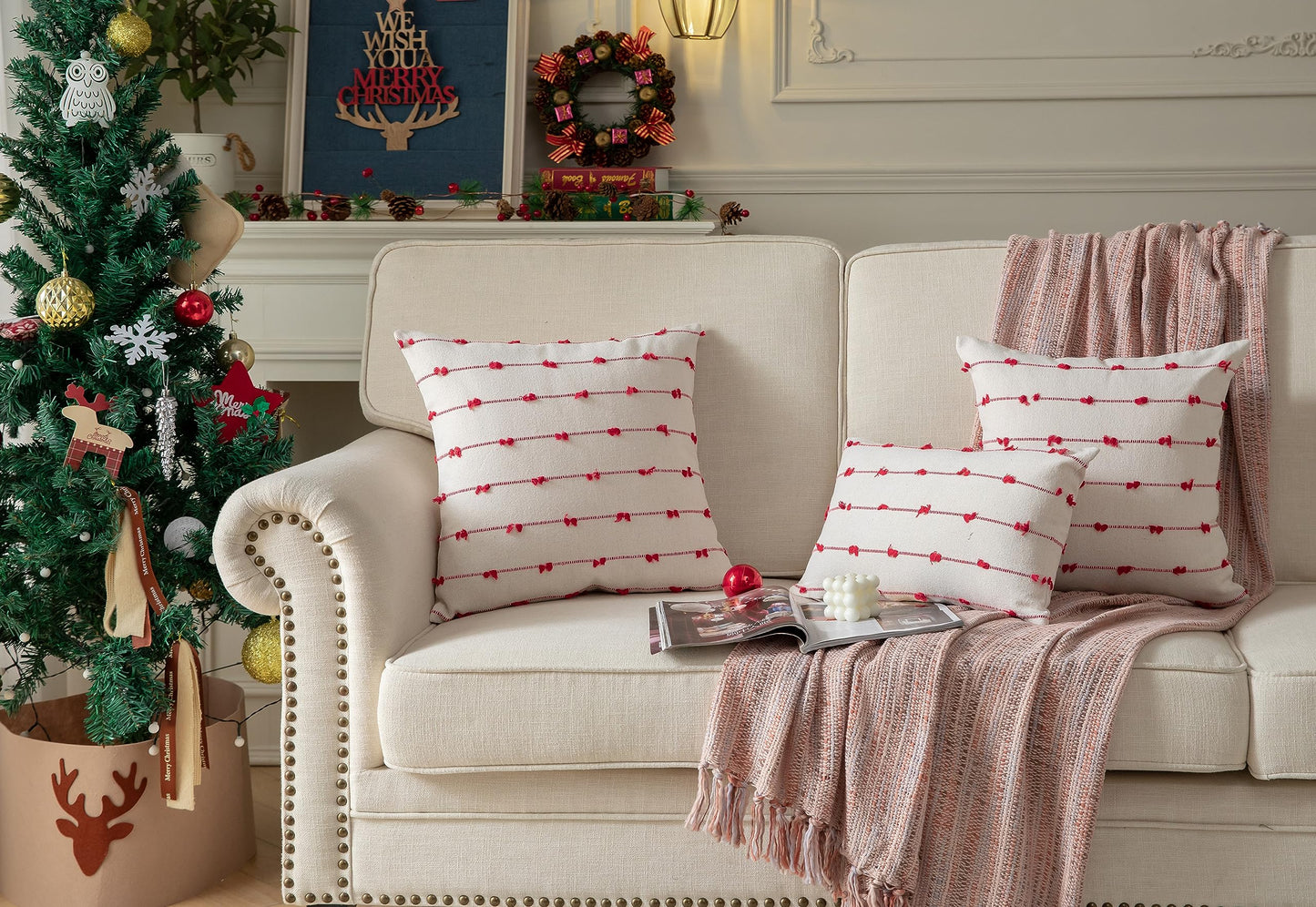 Caflife Boho Christmas Throw Pillow Covers 18x18 inches Beige and Red, Set of 2 Modern Farmhouse Christmas Decorations Pillow Covers for Couch Sofa Bed, Living Room