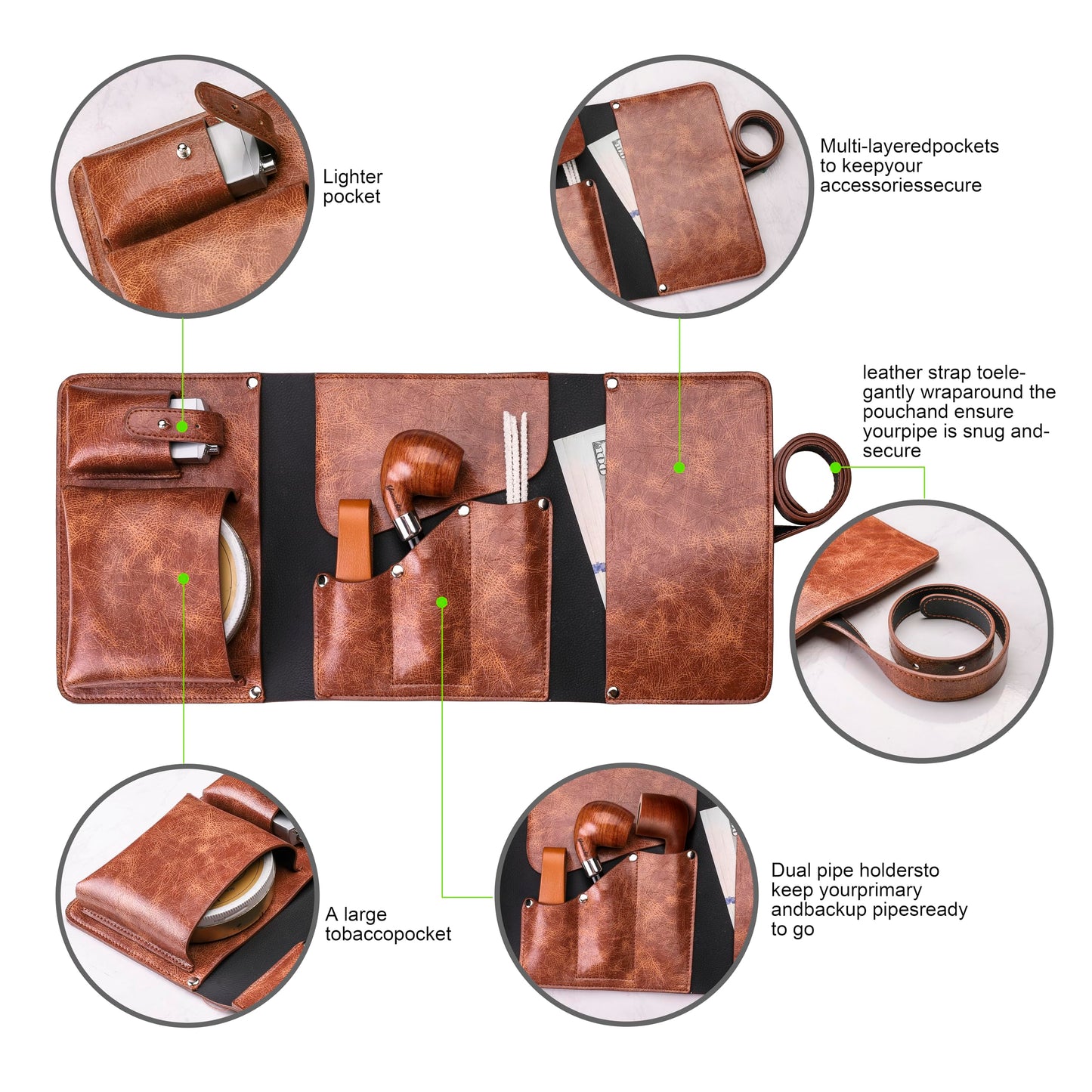 Yannabis Tobacco Pipe Pouch Bag Organize Case 2 Pipe Tool Holder with Leather Pipe Stand
