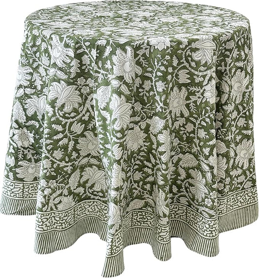 ATOSII Noori Green 100% Cotton Round Tablecloth, Handblock Print Floral Table Cloth for Kitchen Dining Linen I Parties, Weddings, Outdoors I Summer Home Decor 60" Inches Round