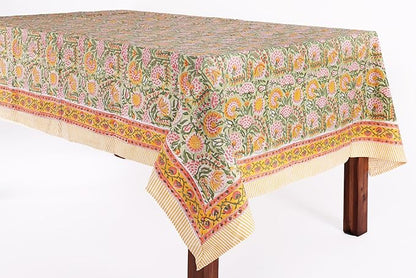 ATOSII Clover Green 100% Cotton Rectangle Boho Fall Tablecloth, Handblock Floral Table Cloth Linen for Kitchen Dining I Parties Wedding Outdoors Picnics I 72 X 120 Inches I 10 Seater