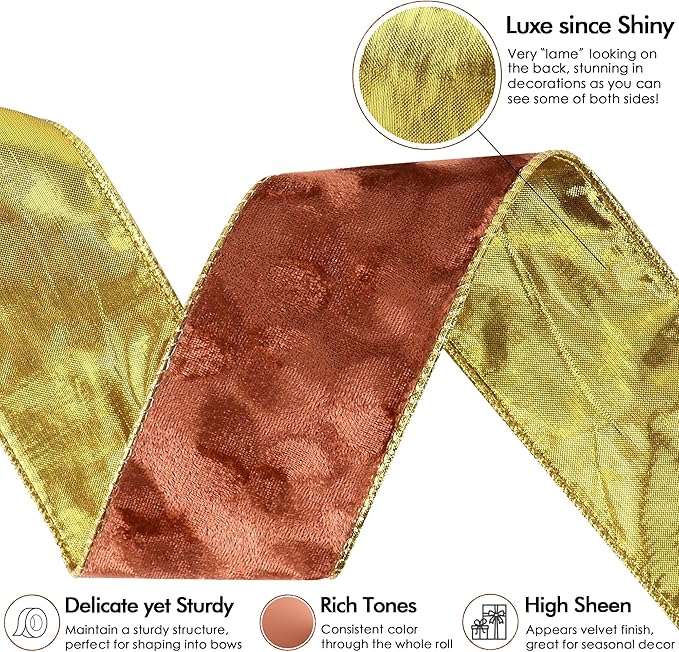 MEEDEE Copper Velvet with Gold Back Double Sided Christmas Wired Ribbon 2-1/2 inch 25 Yards Fall Velvet Ribbon for Christmas Tree, Wreaths, Crafts Bow, Garlands, Gift Wrapping, Seasonal Decorations