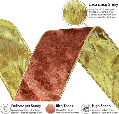 MEEDEE Copper Velvet with Gold Back Double Sided Christmas Wired Ribbon 2-1/2 inch 25 Yards Fall Velvet Ribbon for Christmas Tree, Wreaths, Crafts Bow, Garlands, Gift Wrapping, Seasonal Decorations