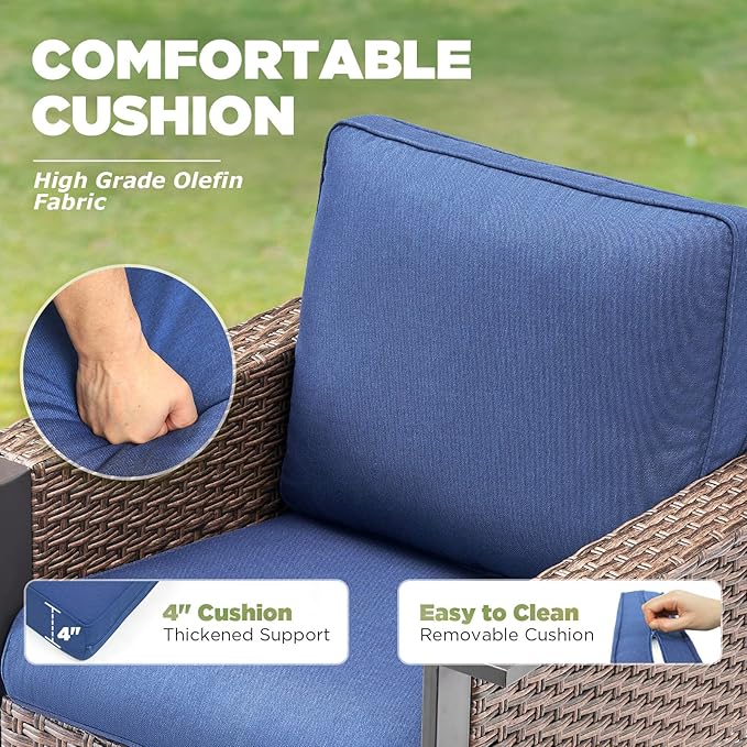 Outdoor Patio Furniture Set-9 Pieces All-Weather Wicker 3 Seater Sofa with Swivel Rocker Patio Chairs Set of 4, Wicker Outdoor Conversation Sets for Porch Deck Backyard Garden Brown/Blue