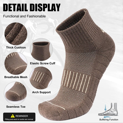 Lapulas Merino Wool Quarter Socks for Men Women, Hiking Running, Cushioned Compression Support, Thermal Thick, 5 Pairs