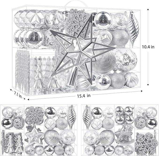 SHareconn 100pcs Christmas Tree Decorations Ornaments Set, Shatterproof Plastic Baubles Decorative Balls for Xmas Tree Decor Holiday Wedding Party, Sliver