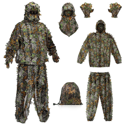 Ghillie Suit Outdoor Leafy Suit for Hunting Super Lightweight Hooded Camouflage Including Clothes Gloves Face Mask and Bag