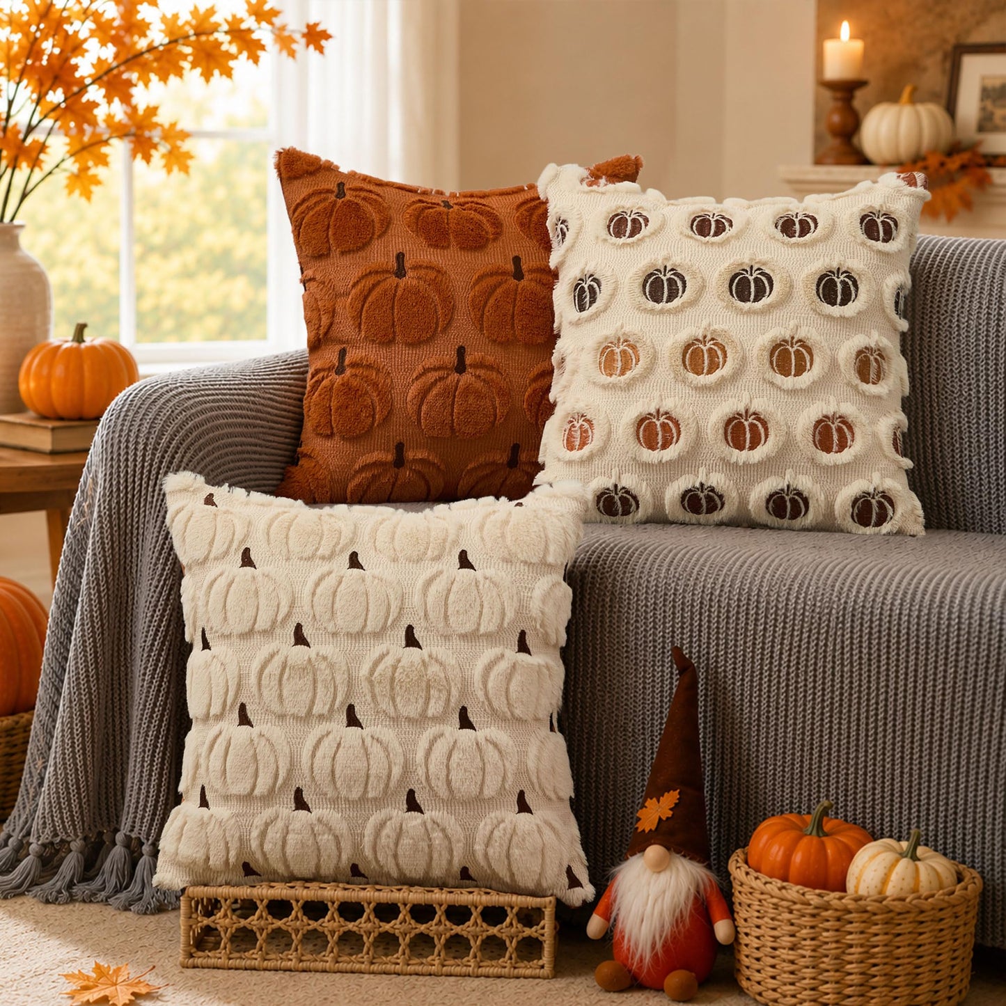 DFXSZ Fall Pillow Covers 18x18 Set of 2 Fall Decorations Beige Brown Pumpkin Throw Pillow Cases Soft Faux Fur Wool Couch Cushion Case for Chair Sofa Bedroom Living Room Home Decor PTK02V18