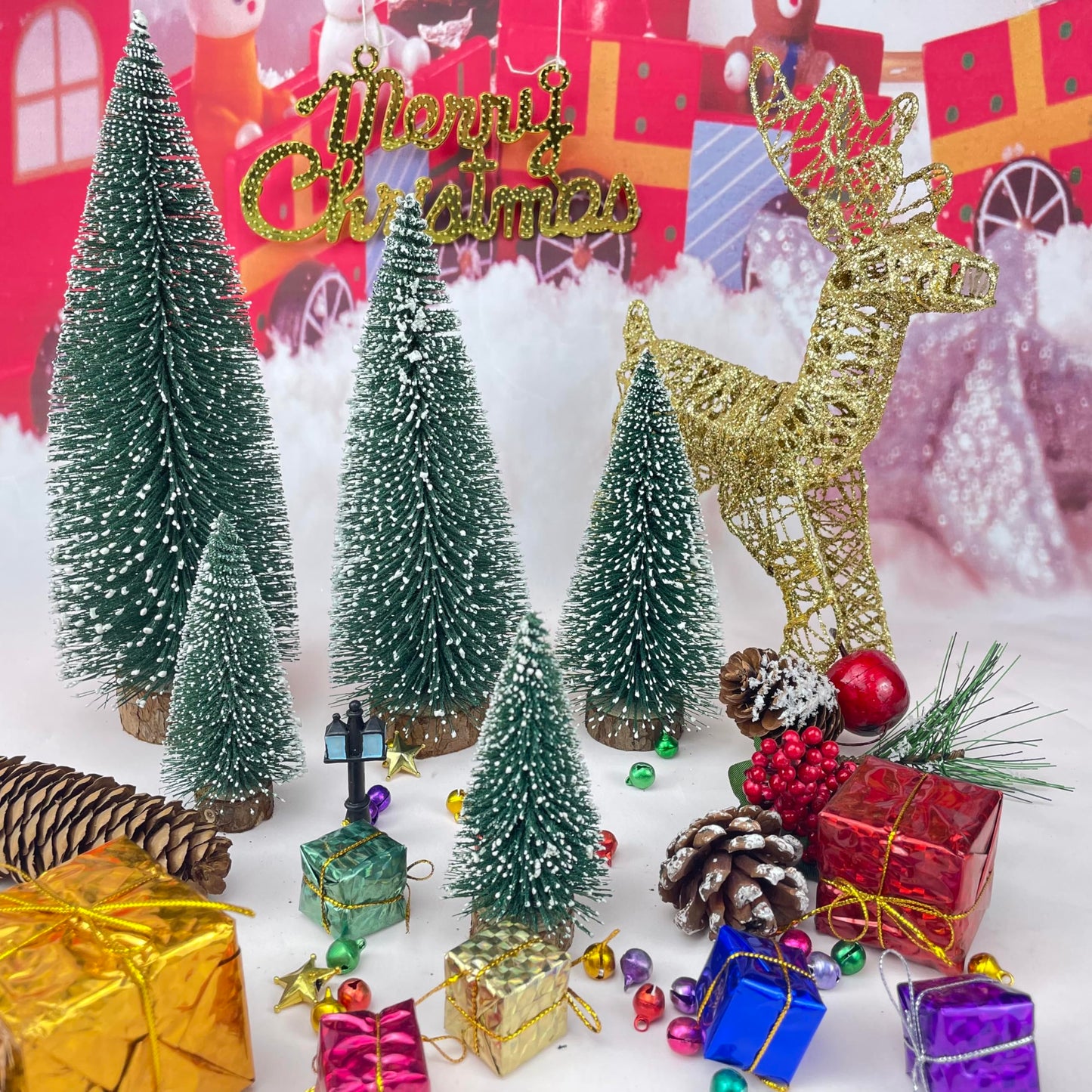 NotiGat mini Christmas Tree Bottle Brush Christmas Trees with Wooden Bases Christmas Decorations for Party Table top decer Christmas Tree （5pcs）