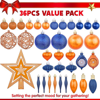 Joiedomi 36 Pcs Blue and Orange Christmas Tree Ornaments with Star Topper and Heart, Shatterproof Christmas Ball Ornaments Set, Assorted Xmas Hanging Decorations for Tree Wreath Garland Holidays