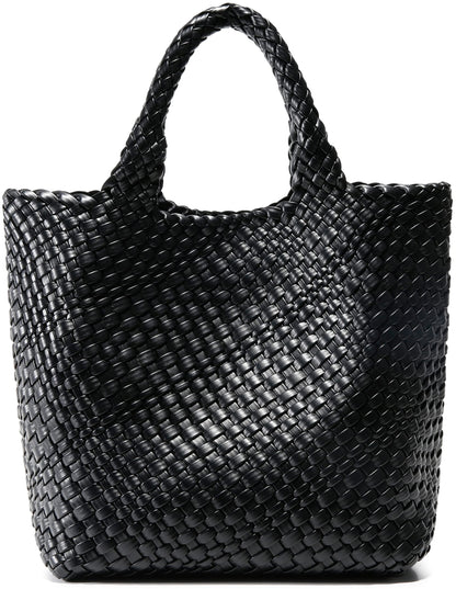 Queenoris Woven Bag for Women, Vegan Leather Tote Bag Large Summer Beach Travel Handbag and Purse Retro Handmade Shoulder Bag (Black)