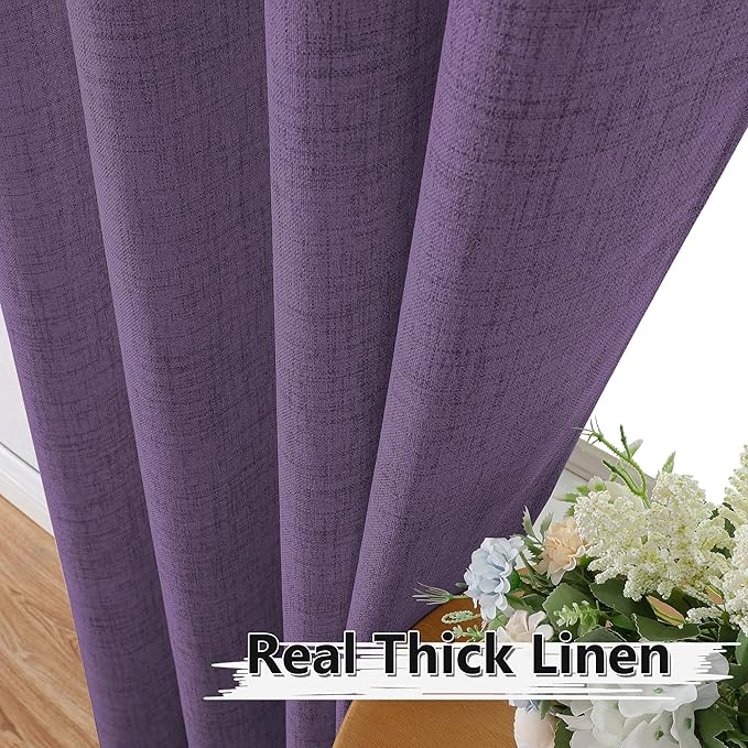 Tollpiz Short Linen Curtains Bedroom Rod Pocket Semi Sheer Curtain Burlap Light Filtering Thick Linen Drapes for Living Room, 38 x 45 inches Long, Royal Purple, Set of 2 Panels