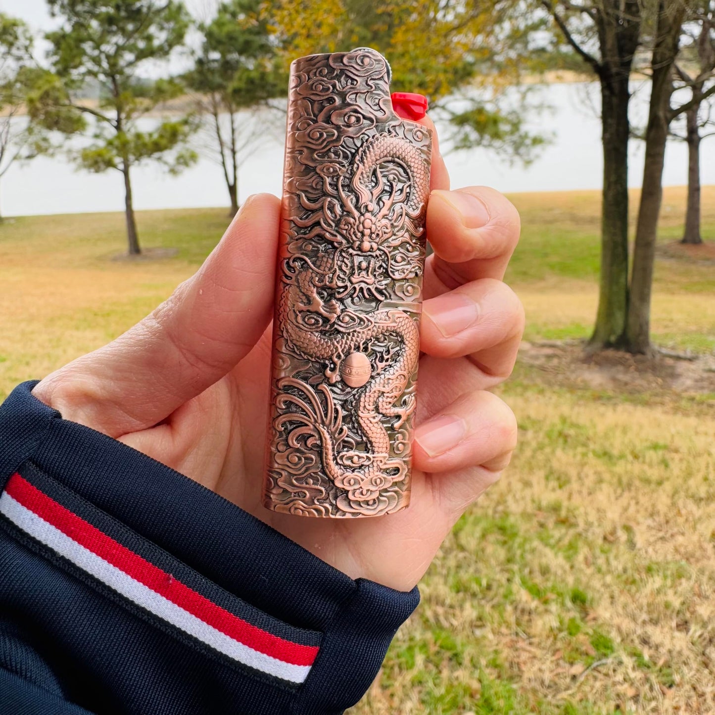 Metal Lighter Case Fits BIC Standard Full-Size J6 Lighter,Durable Holder Cover Compatible with BIC Dragon and Clouds Design in Bronze or Rose Gold (Rose Gold)