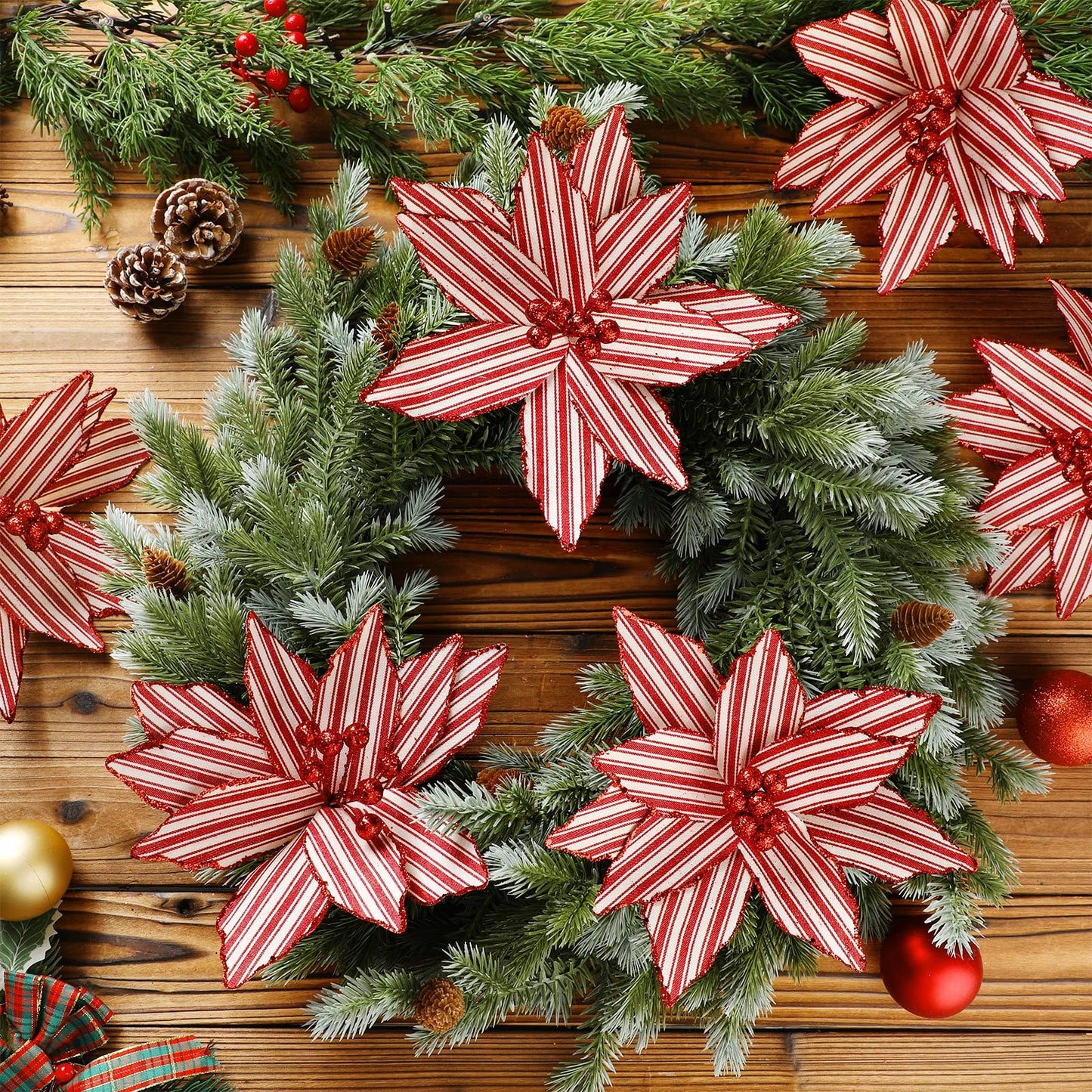Soulchen 12 Pcs 12'' Red and White Christmas Poinsettia Candy Cane Poinsettia Christmas Tree Ornaments Peppermint Flower Tree with Stems Topper for DIY Xmas Wreath Garland Holiday Party Decor