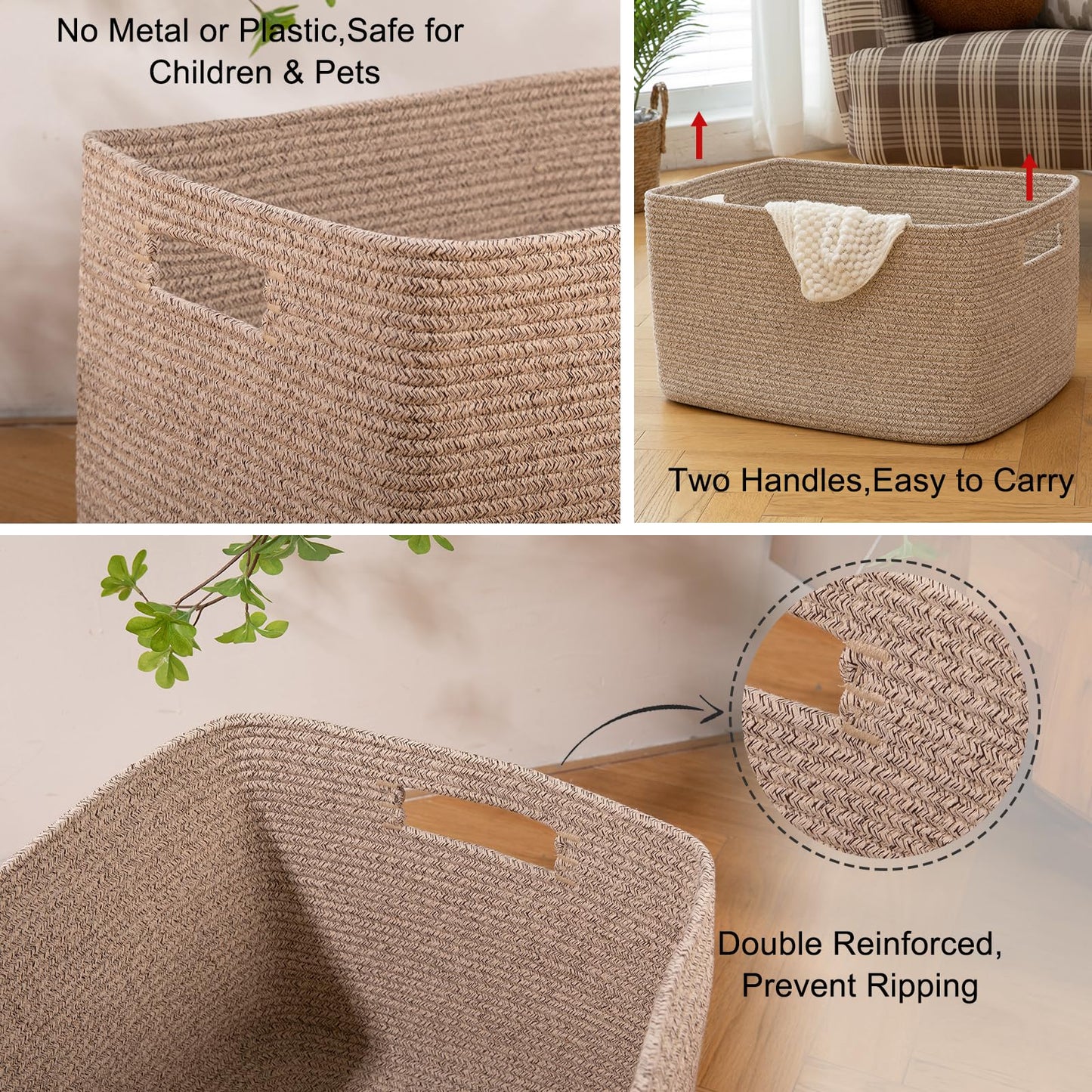 OIAHOMY 75L Large Blanket Basket, Woven Blanket Storage Basket with Handle, Cotton Rope Basket for Organizing 22”x17”x12”, Blanket Basket living Room, Toy Basket for Nursery, Brown variegated