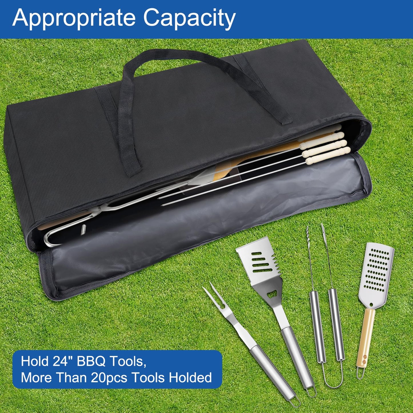 BBQ Tool Storage Bag, Heavy Duty Tools Bag, 600D Oxford Cloth, Outdoor Grill Accessories Bag for Camping Picnic Trip (22X5X8Inch)