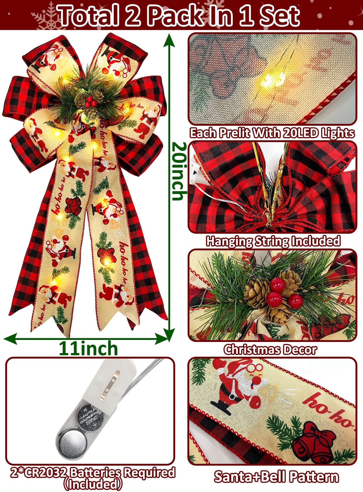 2 Pcs Prelit Christmas Bows Decor with 20 Lights, Santa Bells Black Red Buffalo Plaid Xmas Bows 20" by 11" Christmas Tree Wreaths Garland Bow Battery Powered Christmas Decorations Home Indoor Outdoor