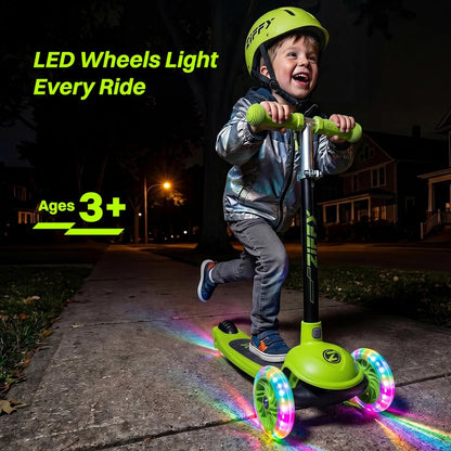 JOVA ZIFFY 3 Wheel Scooter for Kids 3-5, Toddler Kick Scooters with LED Light-Up Wheels for Boys and Girls, 5 Adjustable Height and Lean-to-Steer Design, Support up to 110 lbs, Green