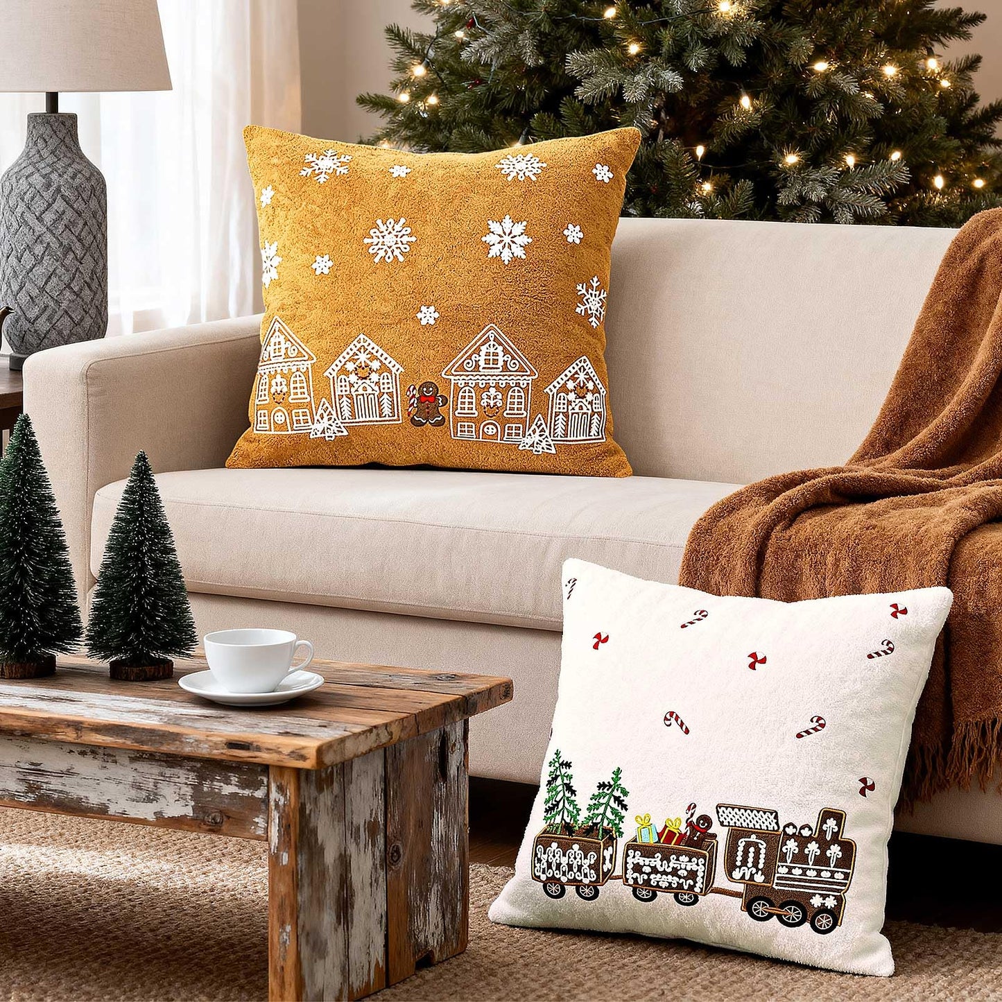 Lanpn 18x18 Christmas Pillow Covers Set of 2, Embroidery Gingerbread Man House Decorative Holiday Pillowcase Pillow Case Cushion 18 x 18 for Indoor Home Bedroom Sofa Couch Xmas Decor