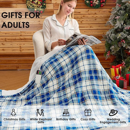 Heated Blanket Electric Throw 50X60, Heating Throw with 10 Levels 8 Hours Auto Off, Blue Plaid Sherpa Blanket Winter Warmer, Christmas Housewarming Gifts for Women Mom, Home Decor for Couch Bed Office