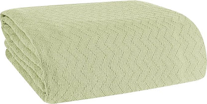 BELIZZI HOME 100% Cotton Bed Blanket, Breathable Thermal Blanket Full - Queen Size, Soft Chevron 90''x90'', Perfect for Layering Any All Season, Sage Green