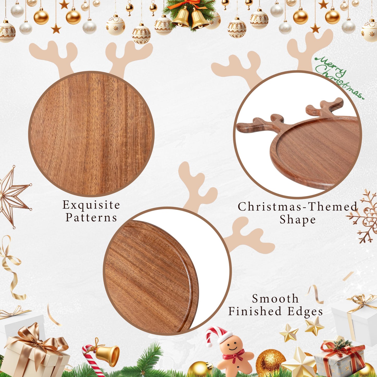 AUNECY Christmas Elegant Reindeer-Shaped Acacia Wood Serving Platter, Decorative Charcuterie Board for Fruits, Snacks, and Cheese, Festive Holiday Kitchen Decor and Ideal Gift for Home Entertaining