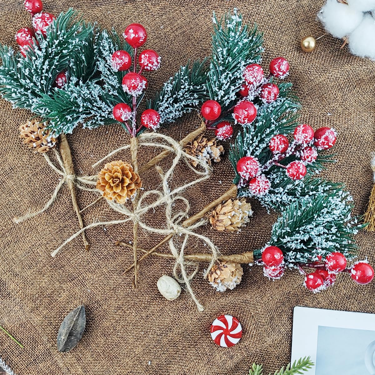 TIHOOD 20PCS 8inch Artificial Christmas Floral Picks, Red Fake Berry Picks Stems, Pine Branches with Pinecones Holly Leaves for Vase Floral Arrangement Wreath Winter Holiday Season Decor Crafts