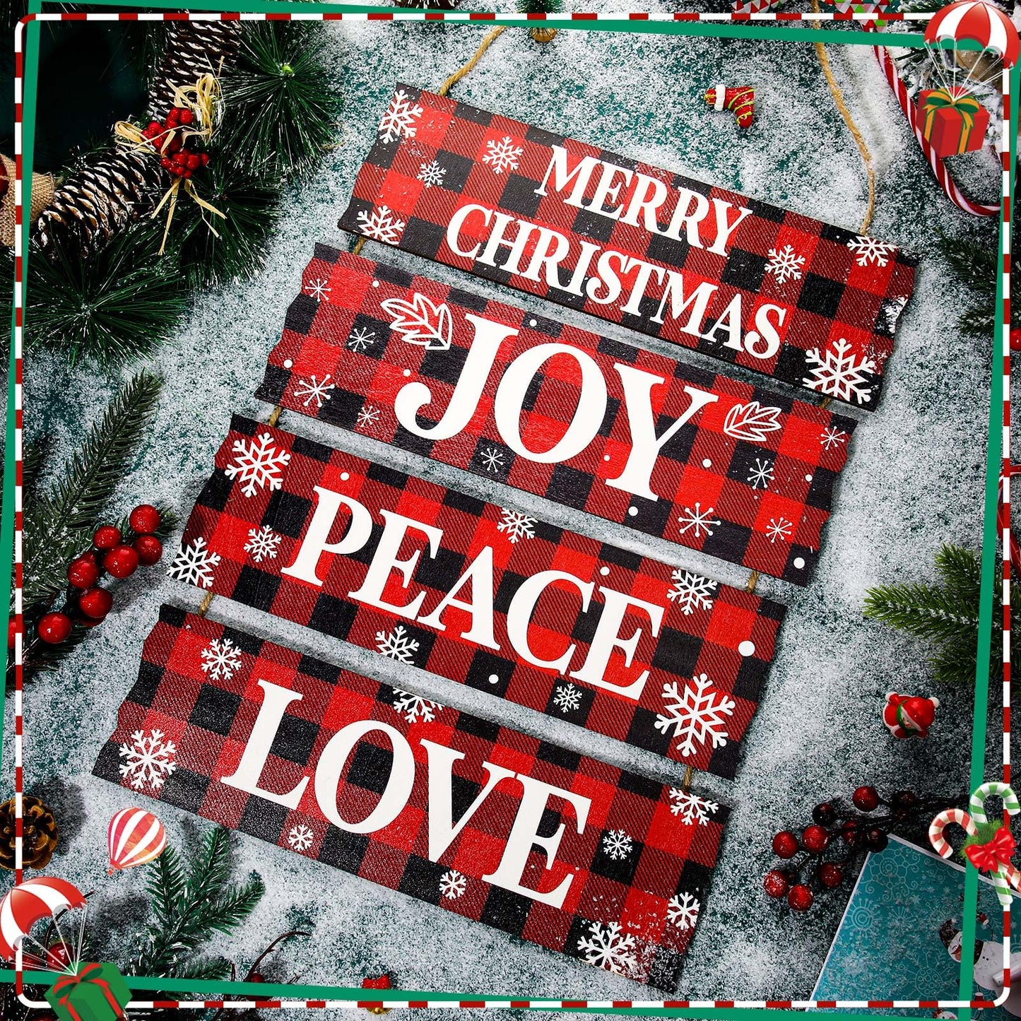 Geelin 4 Pcs Christmas Wood Hanging Signs - Merry Christmas, Joy, Peace, Love - Wooden Square Sign Decoration for Home Indoor Outdoor(Plaid Style)